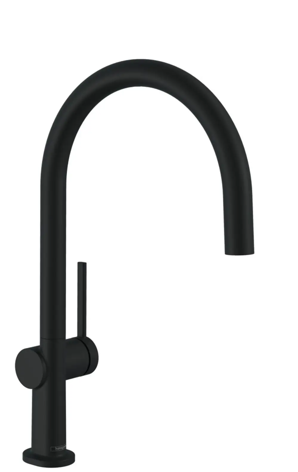 Schwarzer Einhebel-Küchenmischer von Hansgrohe mit gebogener Auslaufform und seitlichem Hebel zur Temperaturregelung.